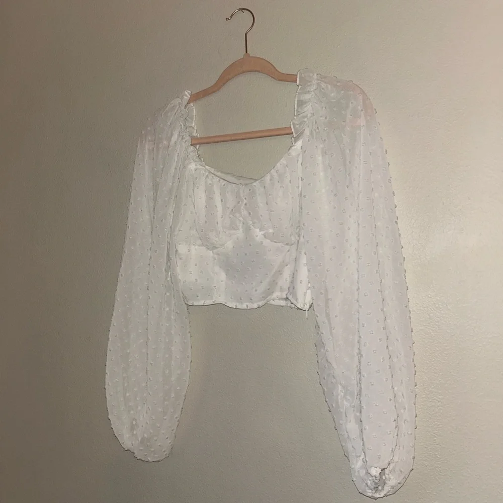 SHEIN White Swiss Dot Peasant Crop Top - Picture 2 of 7